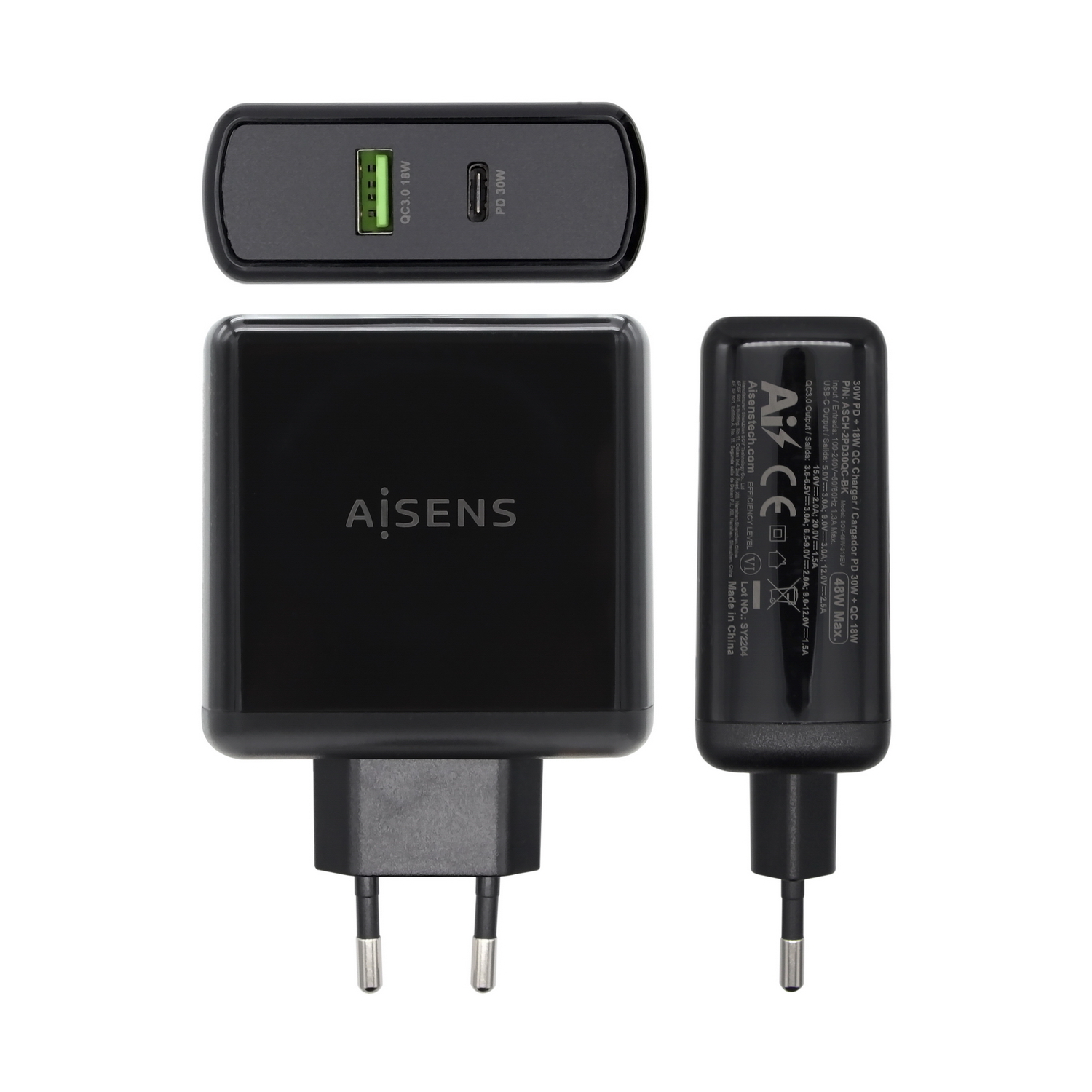 CARGADOR 48W, 1xUSB-C PD3.0 30W, 1xUSB-A QC3.0 18W, NEGRO - Imagen 2