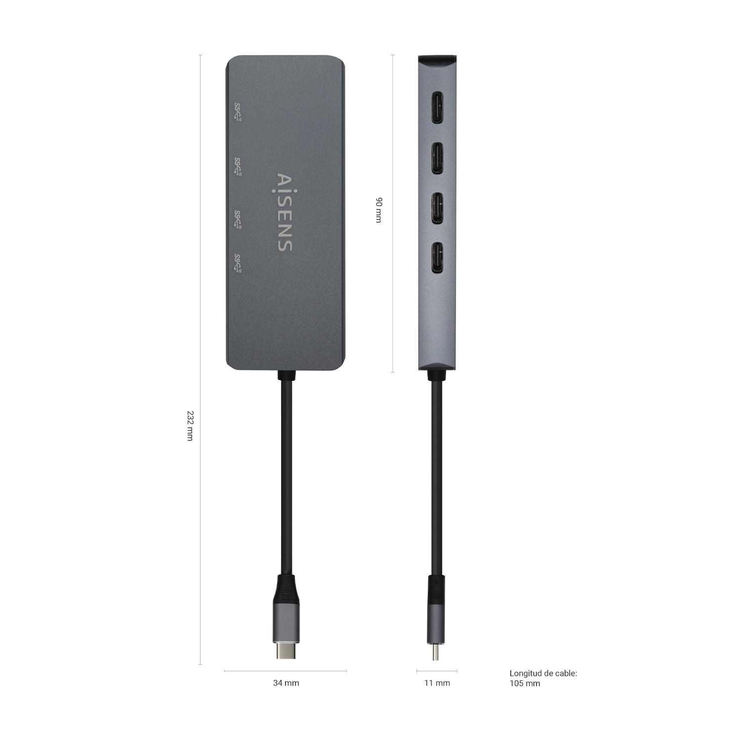 HUB USB 3.2 GEN1 5G USB-C, USB-C/M-4xUSB-C/H, GRIS, 15CM - Imagen 3