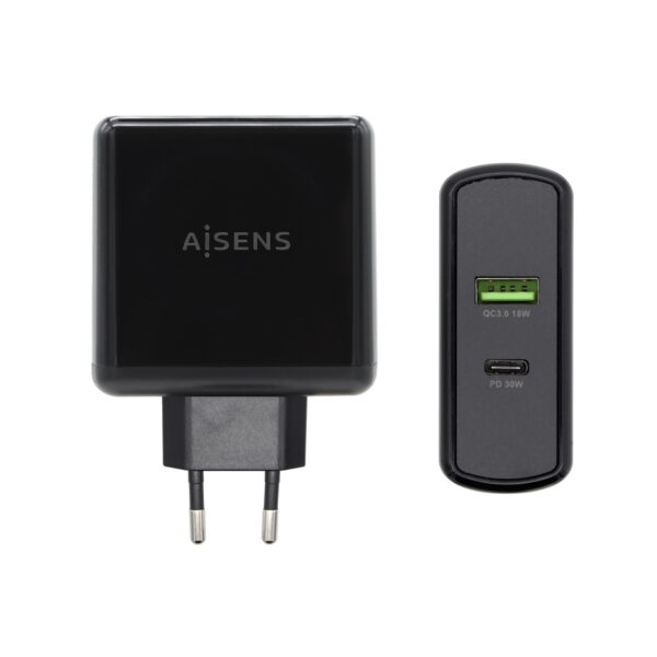 CARGADOR 48W, 1xUSB-C PD3.0 30W, 1xUSB-A QC3.0 18W, NEGRO