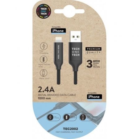 Cable USB 2.0 Tech One Tech TEC2002/ USB Macho - Lightning Macho/ 480Mbps/ 1m/ Negro - Imagen 1