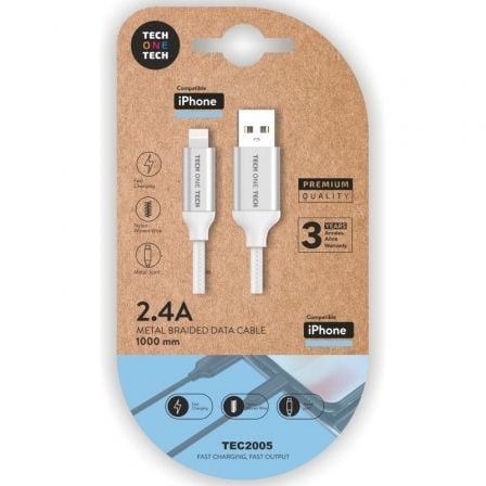 Cable USB 2.0 Tech One Tech TEC2005/ USB Macho - Lightning Macho/ 1m/ Blanco - Imagen 1