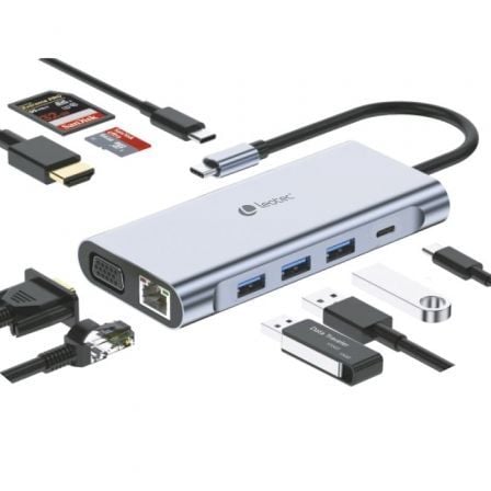 Docking USB Tipo-C Leotec LEDS01/ 3xUSB/ 2xUSB Tipo-C/ 1xUSB Tipo-C PD/ 1xHDMI 4K/ 1xVGA/ 1xRJ45/ 1xAudio/ 1xLector Tarjetas SD y MicroSD/ Gris - Imagen 1