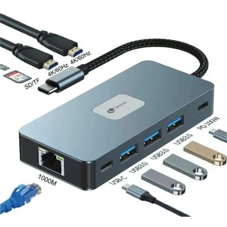 Docking USB Tipo-C Leotec LEDS02/ 3xUSB/ 1xUSB Tipo-C/ 1xUSB Tipo-C PD/ 2xHDMI 4K/ 1xRJ45/ 1xLector Tarjetas SD y MicroSD/ Gris - Imagen 1