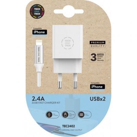 Cargador de Pared Tech One Tech TEC2402/ 2xUSB + Cable Lightning/ 12W/ Blanco - Imagen 1