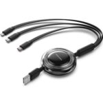 Cable USB Retráctil Vention TRJBBE/ USB Macho - Lightning/ 2xUSB Tipo-C/ Hasta 17.5W/ 10Gbps/ 1.1m/ Negro