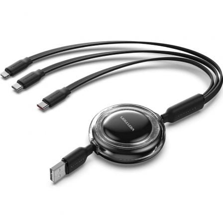 Cable USB Retráctil Vention TRJBBE/ USB Macho - Lightning/ 2xUSB Tipo-C/ Hasta 17.5W/ 10Gbps/ 1.1m/ Negro - Imagen 1