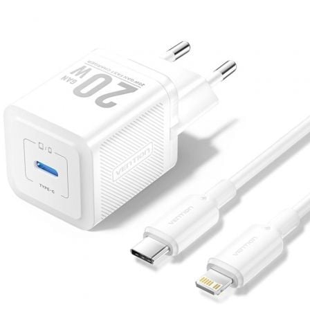Cargador de Pared GaN Vention TZ-FEPW0-EU-02/ 1xUSB Tipo-C + Cable Lightning/ 20W - Imagen 1