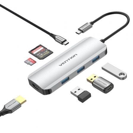 Docking USB Tipo-C Vention TOJHB/ 1xHDMI 4K/ 3xUSB/ 1xUSB Tipo-C/ 1xLector Tarjetas/ Gris - Imagen 1