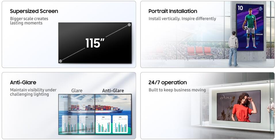 MONITOR GRAN FORMATO SAMSUNG 115" QH115FX-4K IP5x 24/7 1.100Cd/m²  SoCS10 - SOPORTE - Imagen 2