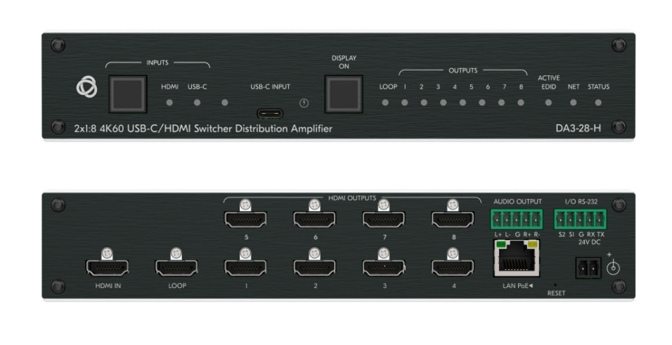 KRAMER DA3-28-H SELECTOR Y DISTRIBUIDOR 2X1:8 HDMI Y USB-C 4K60 PoE - Imagen 1